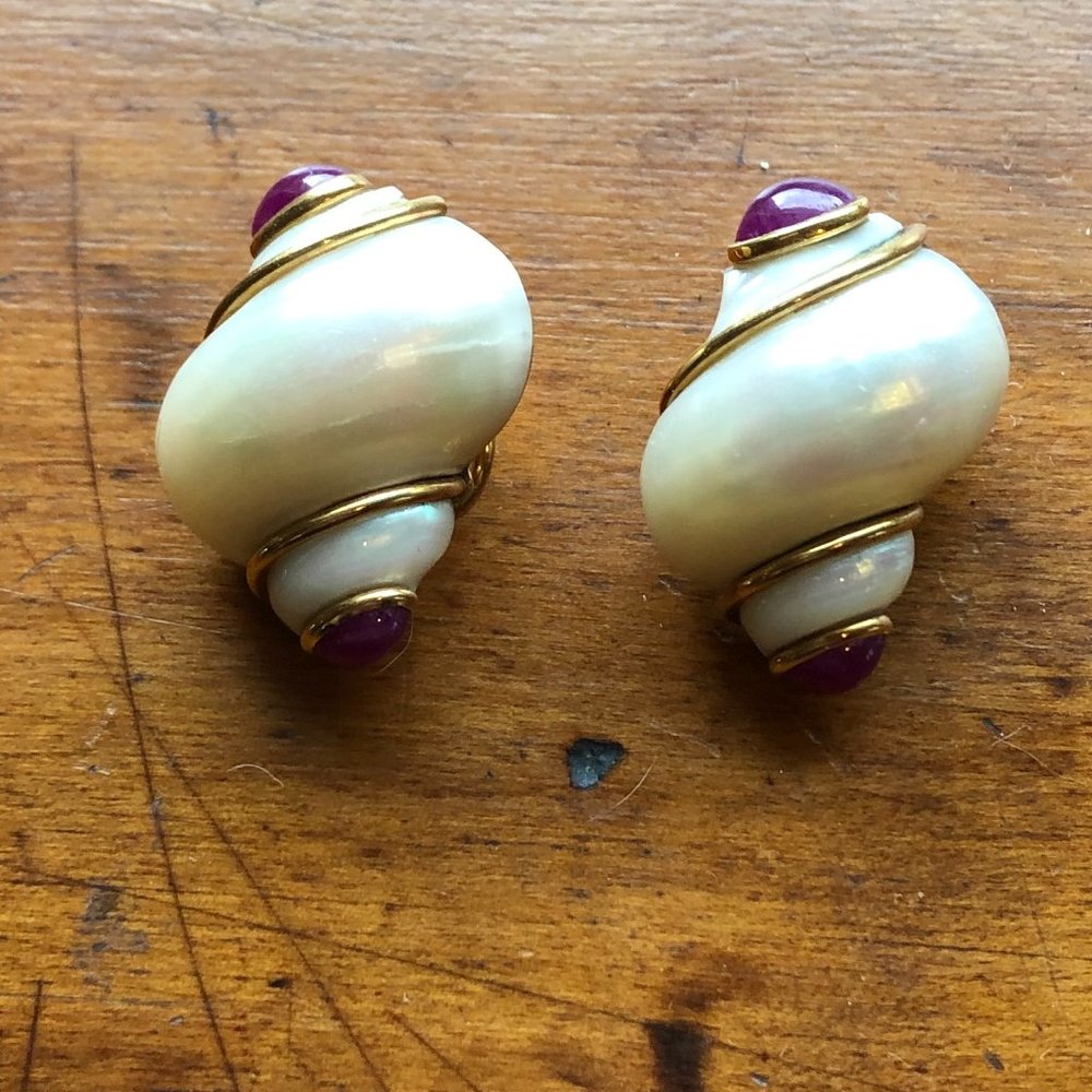 Vintage Seaman Schepps Ruby & Shell Earrings